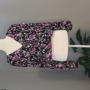 Japna Black Floral Wrap Front Balloon Sleeve Back Tie Cropped Top - Size M